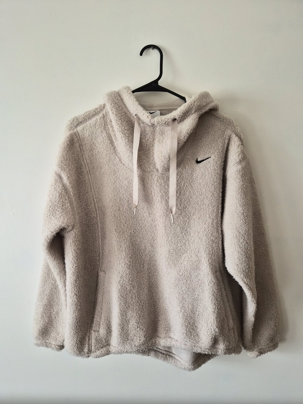 Nike Beige Sherpa Pullover Hoodie with Black Swoosh